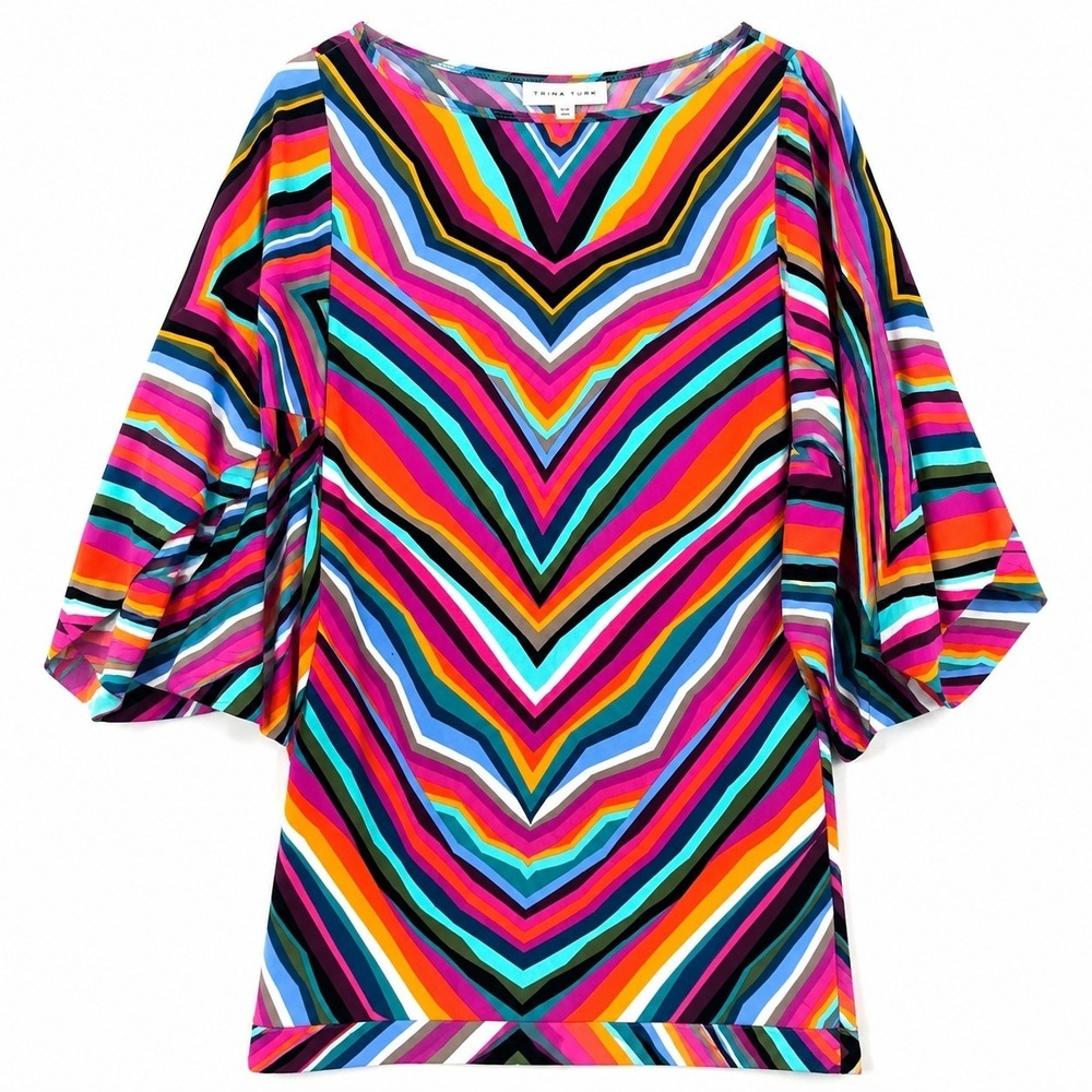Trina Turk M Multicolor Chevron Stripe Tunic Top Bell Sleeve Stretch Resort